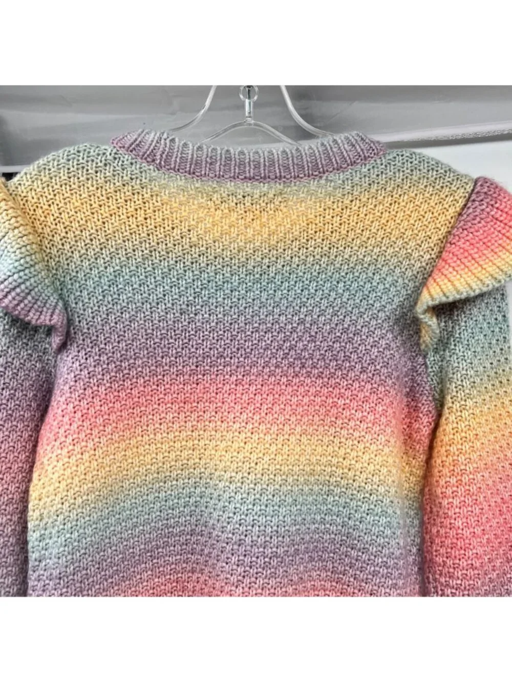 Loft Womens Rainbow Knit Sweater Long Sleeve Ruffle Shoulder Size Small